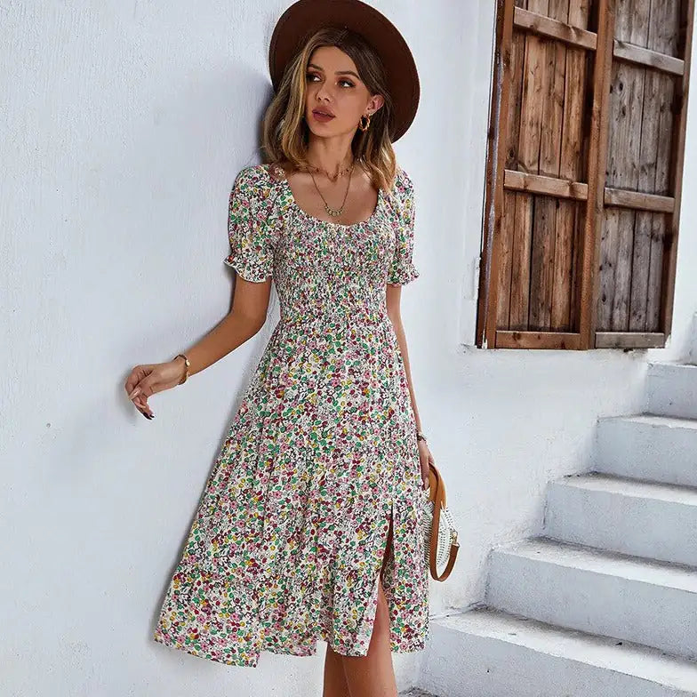 Beach Floral Patchwork Smocked Sleeve V Neck Mini Long Sleeve Dresses