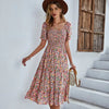 Beach Floral Patchwork Smocked Sleeve V Neck Mini Long Sleeve Dresses