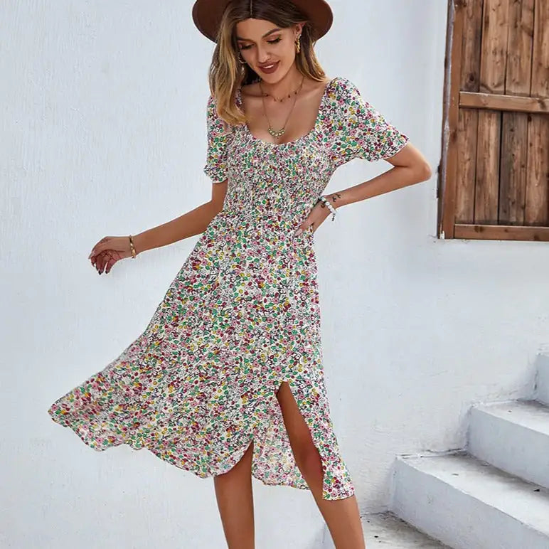 Beach Floral Patchwork Smocked Sleeve V Neck Mini Long Sleeve Dresses